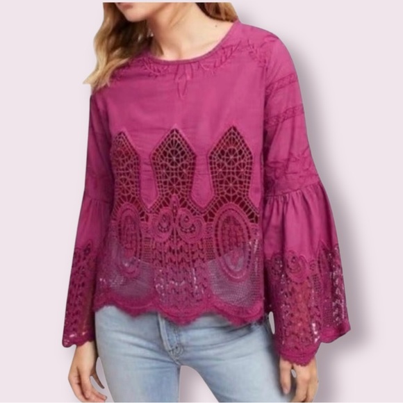 Anthropologie Tops - Chloe Oliver Anthropologie Bell Sleeve Raspberry Boho Blouse Size S
